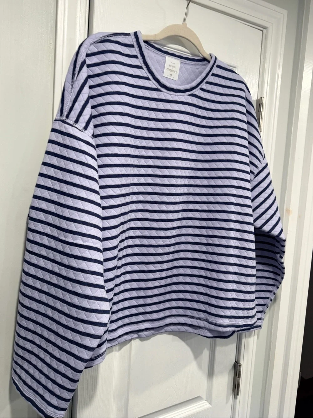 NWOT J. Crew Size 2X Purple Navy Blue Reversible Quilted Striped Crew Sweatshirt